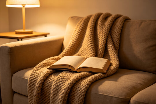 Open Book on a Cozy Knitted Blanket over Couch in Warm Light