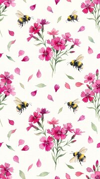 Cute honey bee and floral pattern. Spring lavender and honeybee background. Summer watercolor botanical print with bees. Baby shower watercolor bee print