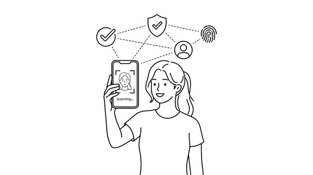 Person using mobile facial recognition technology with security verification icons