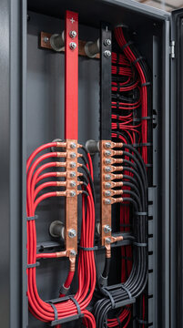Close-up of telecommunications DC busbars of a cabinet for clean power distribution during design and construction