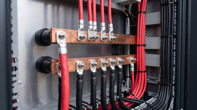 Close-up of telecommunications DC busbars of a cabinet for clean power distribution during design and construction