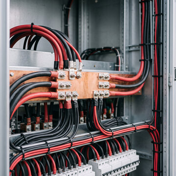 Close-up of telecommunications DC busbars of a cabinet for clean power distribution during design and construction
