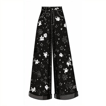 Halloween Ghost Star Spider Web All Over Print Black Wide Leg Denim Jeans 