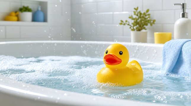 Classic yellow rubber duck floating on bubbly bathwater in clean white bathtub for baby bath time and hygiene concept