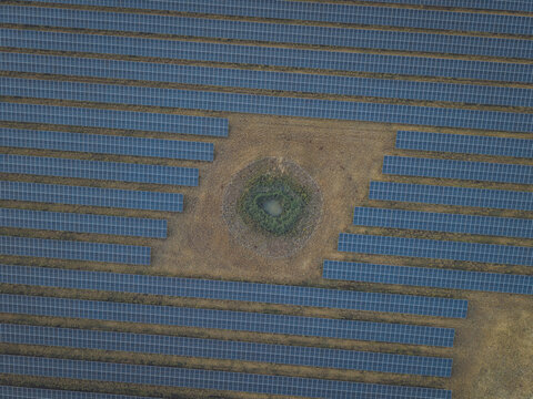 Aerial view of Sunel Gonerby solar farm with rows of photovoltaic panels surrounding a small central pond in Grantham, England, United Kingdom.
