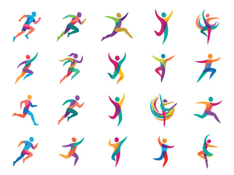Colorful abstract fitness vector set of running, jumping, and dancing human figures in dynamic flat style
