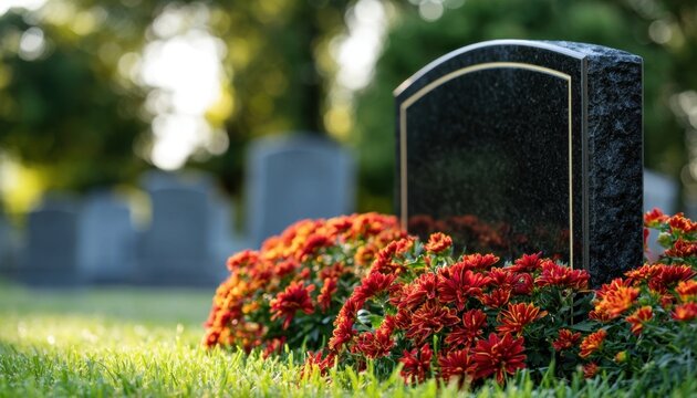 Black granite headstone in a grassy cemetery with vibrant red chrysanthemums