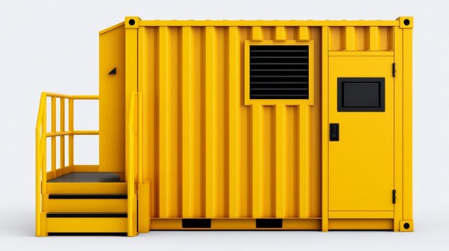 Isolated compact waste compactor installation on white background with steps and ventilation in vivid yellow color