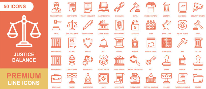 Justice and law icon sheet, 50 orange outline symbols including scales, gavel, handcuffs, courthouse, police badge, and legal documents