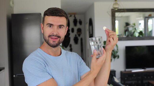 Man dropping an effervescent tablet into a glass of water and watching it dissolve into an orange drink.