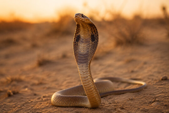 Desert cobra raising its head in an alert posture within its sandy natural habitat.