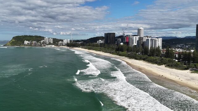 Burleigh Heads coastline from above with the headland and golden sand, Gold Coast, Queensland Australia