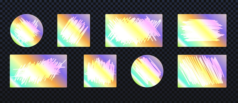Holographic scratch cards set isolated on transparent background. Vector realistic illustration of round, square, rectangular lottery tickets, silver texture and iridescent foil effect, coupon design