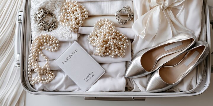Open silver suitcase packed with white clothes, pearl jewelry, passport, and silver heels for a luxury trip.