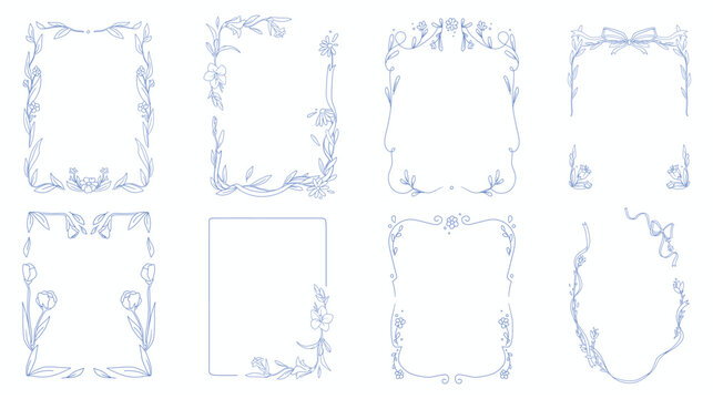 Vintage blue botanical frame set with flowers and ribbon bows isolated on background. Vector doodle illustration of whimsical floral borders for wedding invitations or birthday cards, coquette sketch