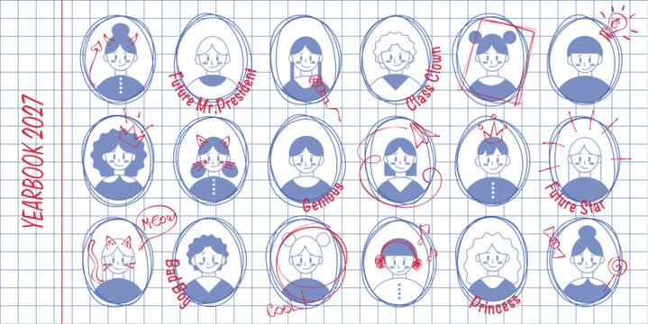 School yearbook album mockup with funny hand drawn doodle frames. Vector illustration of cute photo template for graduates, playful red sketch borders for 2027 university on notebook page background
