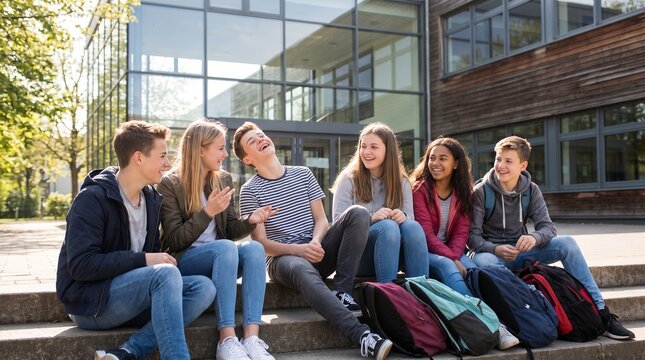 Diverse group of happy teenage students sitting on steps outside school building talking and laughing