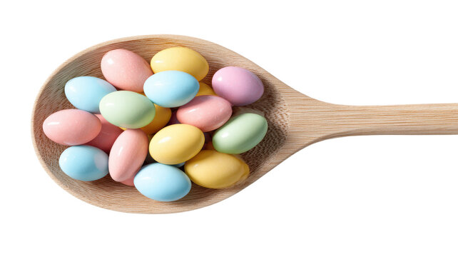 Pastel candy easter eggs on wooden spoon