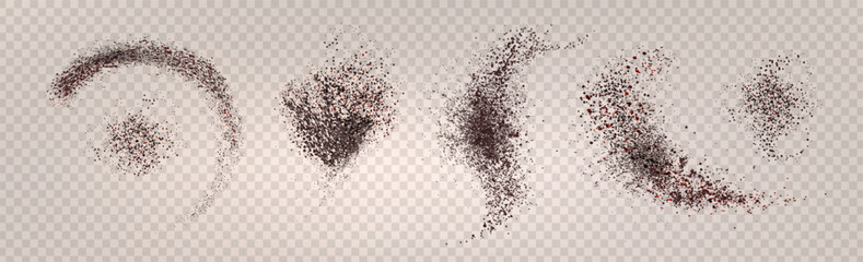 Fototapeta premium Coffee powder scatter set isolated on transparent background. 3d vector realistic illustration of chocolate or cocoa particles splash, brown dust texture, scattered cinnamon effect for food design