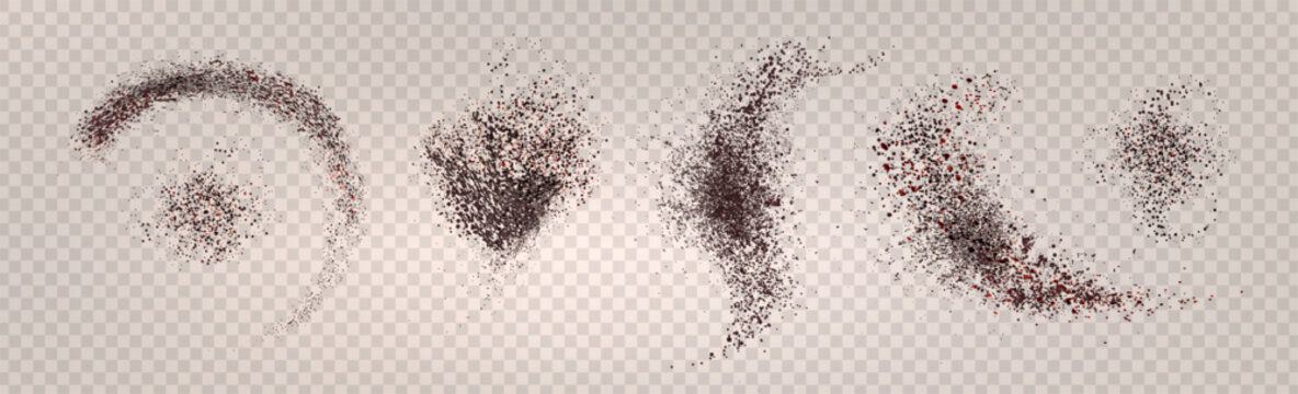 Coffee powder scatter set isolated on transparent background. 3d vector realistic illustration of chocolate or cocoa particles splash, brown dust texture, scattered cinnamon effect for food design