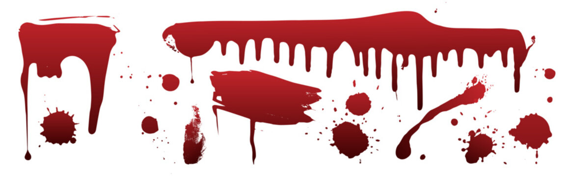 Red blood splash patterns with realistic drops and drips isolated on white. 3d vector realistic illustration of bloody horror elements, crimson stains, scarlet frame element, spray effect, crime scene
