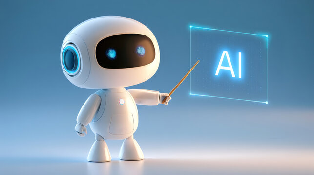 Cute robot teacher pointing at a virtual AI screen. Futuristic artificial intelligence education concept in a modern, blue-toned environment. 3D illustration.