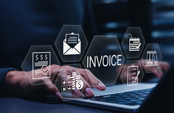 E-Invoice and Online Billing Management Concept. A person working on laptop with digital invoice icons, calendar, checklist, money, statement, document represents e-invoicing and financial workflow.