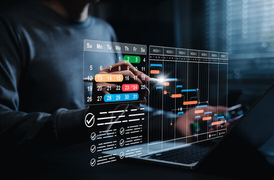 Project schedule planning and Gantt chart management concept. Businessman using laptop with calendar timeline, task checklist, weekly milestones, workflow tracking, deadline control, productivity