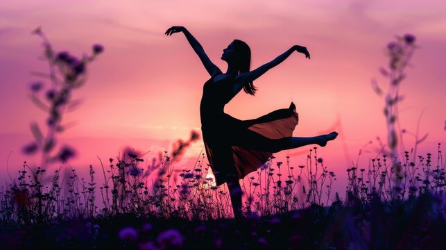 Ballerina performing an elegant pose in a field of tall grass against a dramatic pink and purple sunset sky.