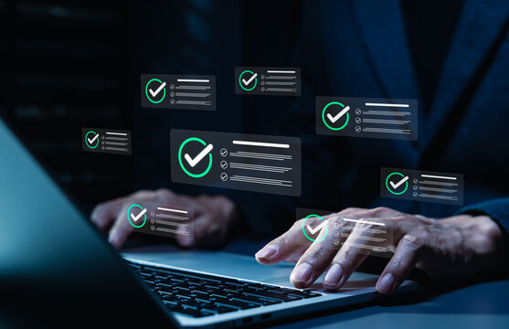 Digital compliance checklist interface shows verified tasks and approval as Businessman manages quality control, audit workflow, documentation, operational standards for efficient corporate oversight