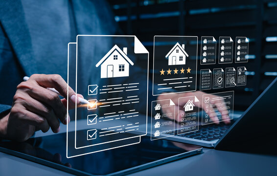 Real estate listing evaluation and property review concept. Businessman using laptop to check home documents, ratings, and checklists. property assessment, listing comparison, housing decision making