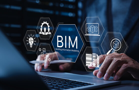 BIM Building Information Modeling Technology Concept. Hands typing on laptop with BIM tech icons, 3D modeling, architecture planning, AI, project collaboration, software, smart construction elements,