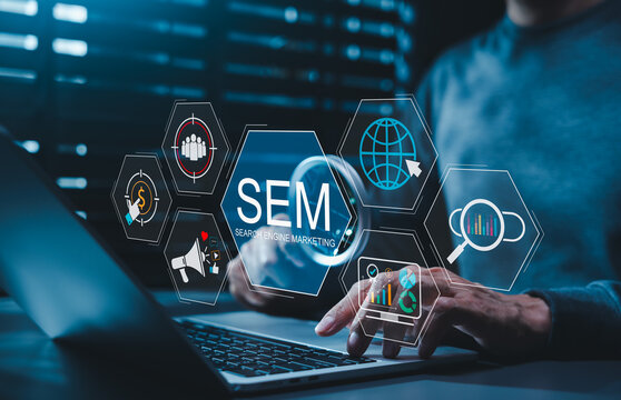 SEM Search Engine Marketing Concept. Professional using laptop with targeting icons, analytics, paid ads, global outreach representing online advertising strategy, performance-driven digital marketing