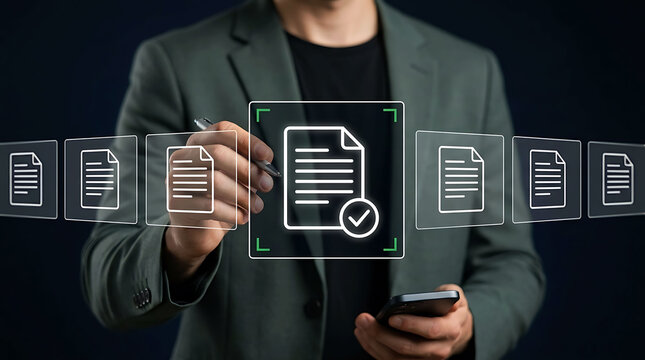 Businessman verifying digital document approval and paperless workflow
