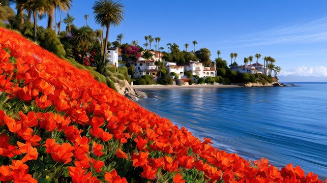 A vibrant seaside view with blooming orange flowers, palm trees, and a tranquil blue ocean