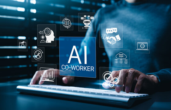 AI coworker and workplace automation concept. professional using computer with icon for chatbot, machine learning, cloud system, analytics, collaboration, productivity, workflow intelligent assistance