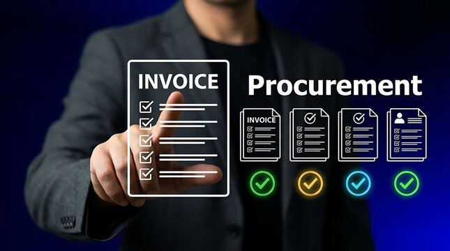 Businessman managing procurement invoice process and digital order approval