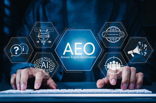 Answer engine optimization (AEO) strategy concept. Person working with AEO (Answer Engine Optimization), AI icons, chatbot, and search, modern digital marketing for online visibility, user engagement,