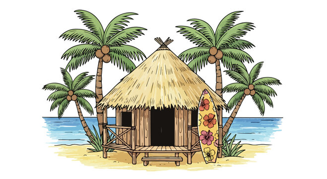 Tropical beach hut vector illustration, exotic tiki bungalow with palm trees, summer surf shack on ocean shore, vintage island vacation art