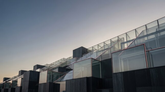 Modern Black and Glass Cubes Architectural Facade at Dusk