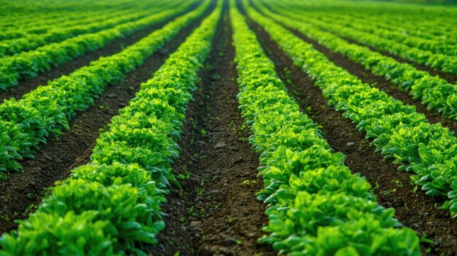 Vibrant green crop rows in farmland, agricultural field pattern with soil furrows, fresh plant growth landscape texture