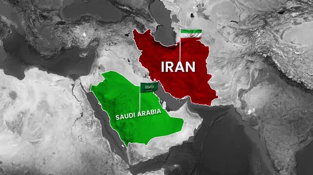 Iran and Saudi Arabia flags on map animation motion graphic clip
