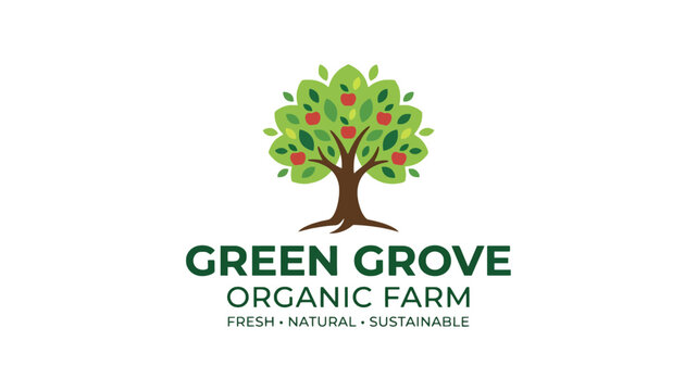 Green grove organic farm logo with a lush tree bearing fresh red apples, symbolizing sustainable agriculture and natural food production