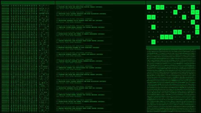 Encrypted Data Stream Hacker Terminal Screen Animation With Memory Allocation And Process Logs.