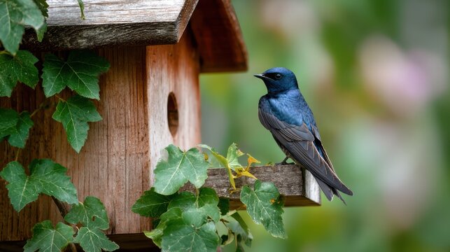 Vibrant blue bird on wooden birdhouse, small songbird perched on nest box amid green ivy and soft bokeh