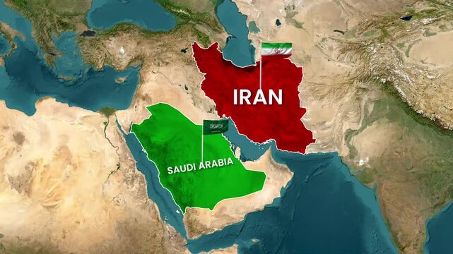 Saudi Arabia and Iran digital map animation video footage with flags