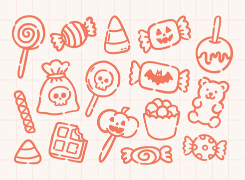 Halloween candy doodle set with hand drawn treats and spooky elements in a playful outline style