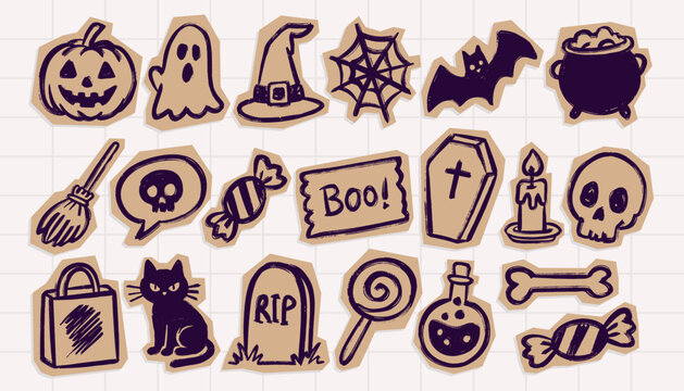 Halloween scrapbook doodle elements featuring spooky hand drawn icons in a vintage cutout style for seasonal crafts and designs