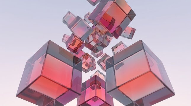 Translucent Glass Cubes Floating in a Light, Geometric Sky