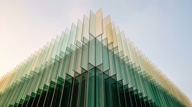 Modern Green Translucent Glass Fins Architectural Building Design Against Sky